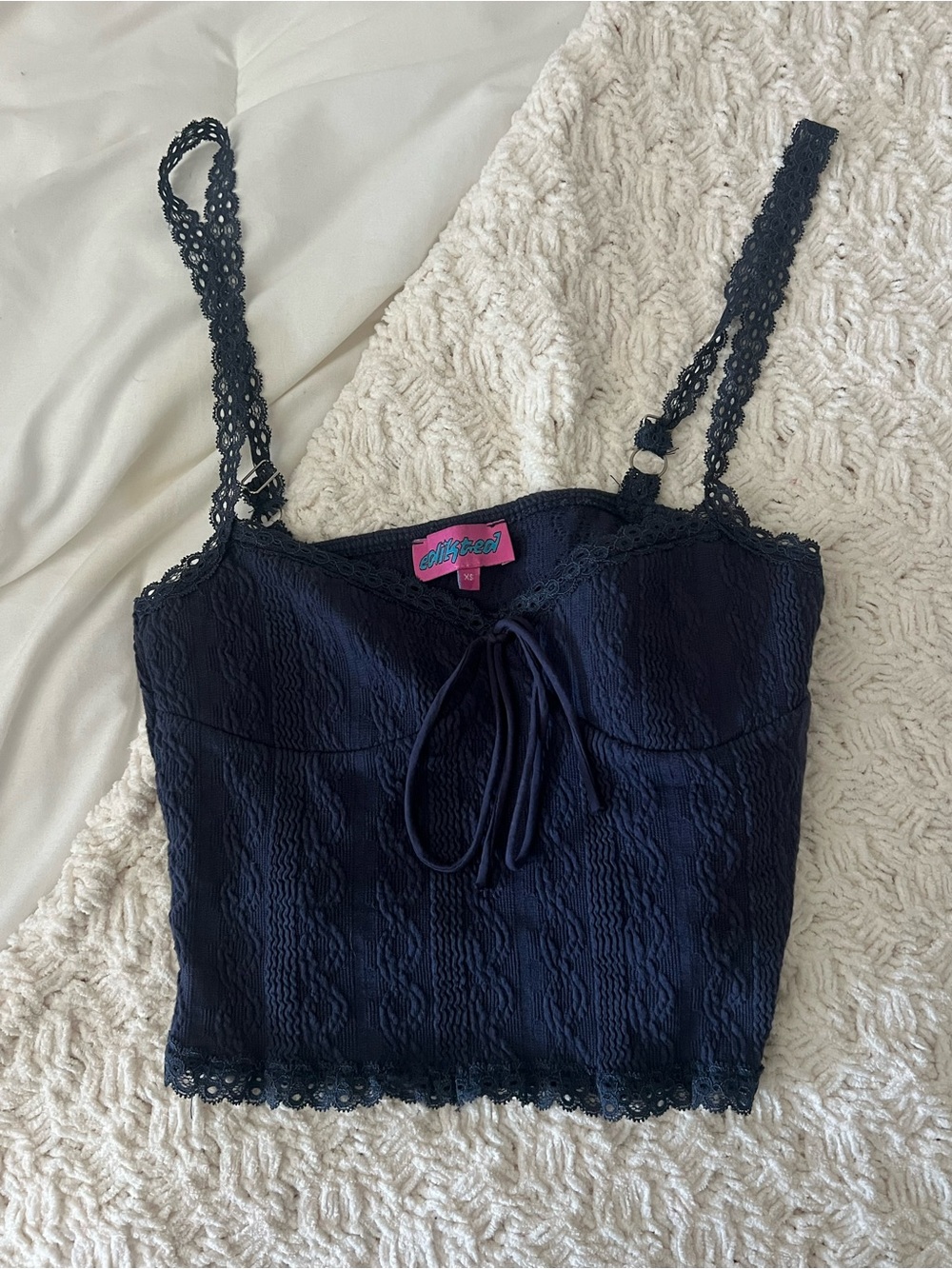 Edikted Navy Lace Trim Cropped Cami Top